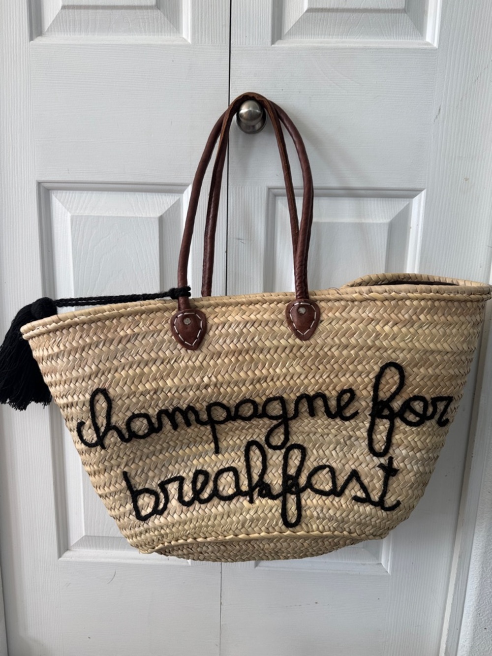 XL Champagne for Breakfast Woven Straw Tote Bag with Leather Handles
